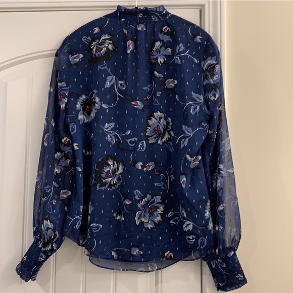 WHBM blue silver floral chiffon top M 10 - Picture 4 of 7